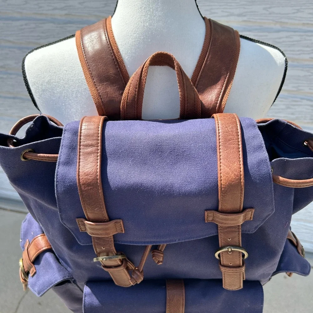 Rutland Navy and Brown Canvas Backpack EUC